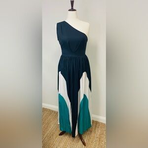 Elegant Black, White and Green One Shoulder Maxi Dress